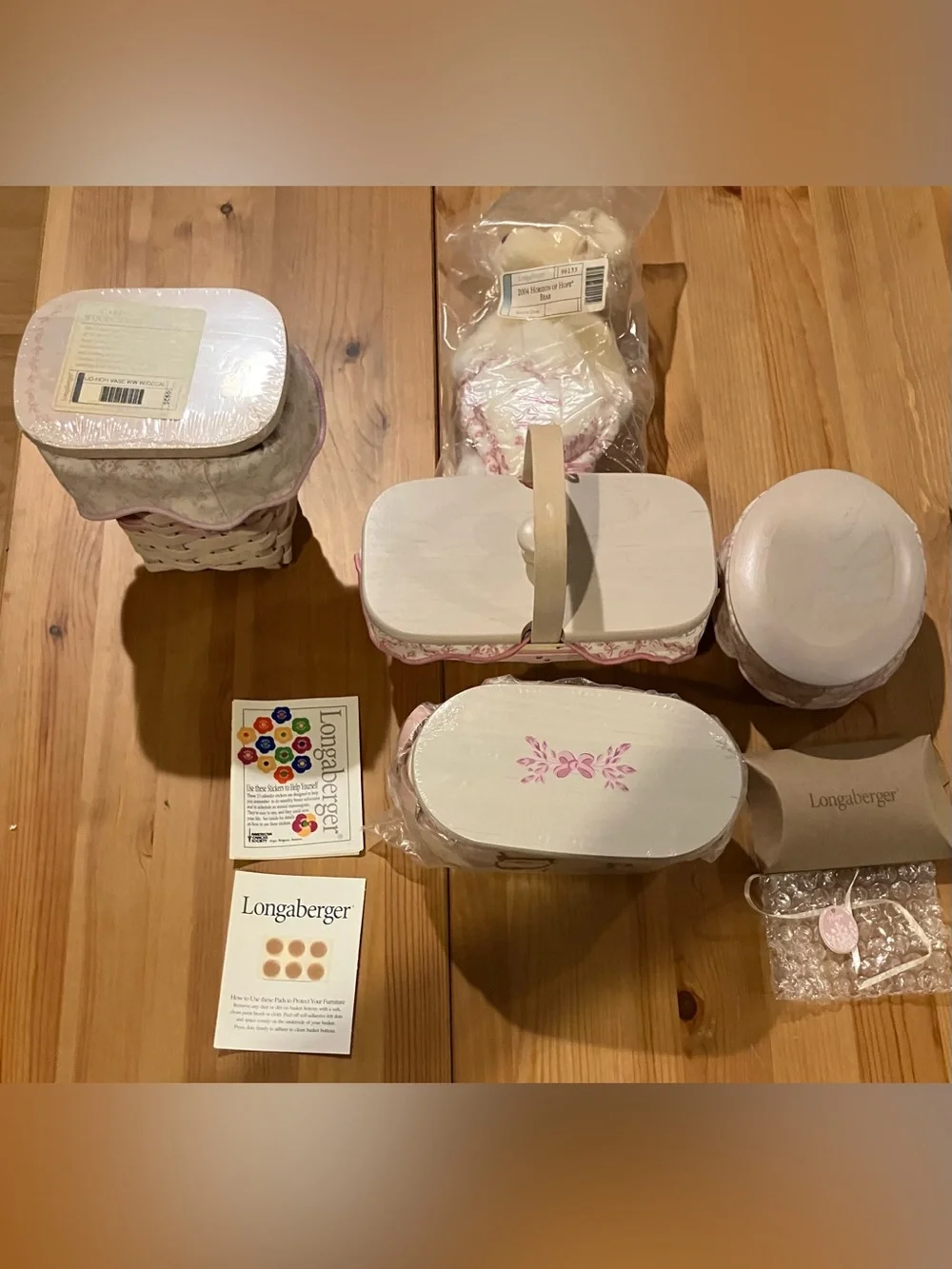 NEW Longaberger Horizon of Hope 4 Baskets, Lids, Liners, Bear & Tie On